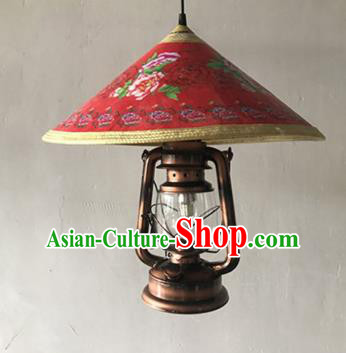 Handmade Chinese Printing Peony Red Straw Hat Lampshade Traditional Bamboo Art Lanterns Chimney