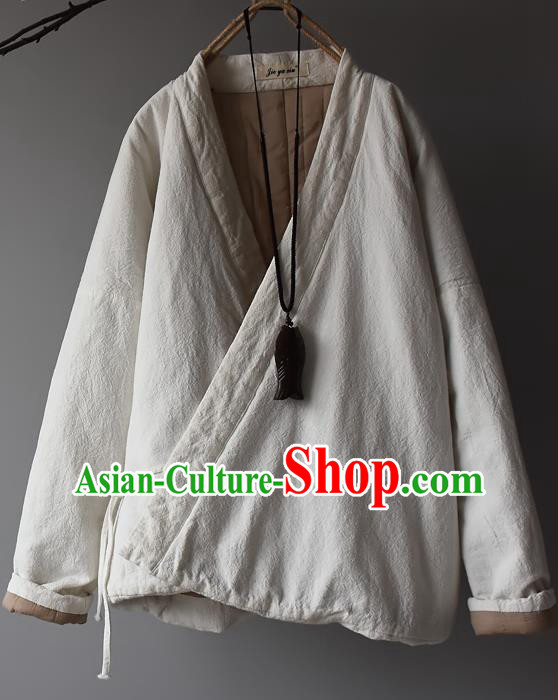 Traditional Chinese Tang Suit White Cotton Padded Jacket Blogger Li Ziqi Flax Overcoat Costume for Women