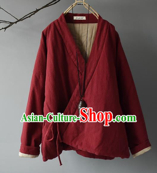 Traditional Chinese Tang Suit Red Cotton Padded Jacket Blogger Li Ziqi Flax Overcoat Costume for Women