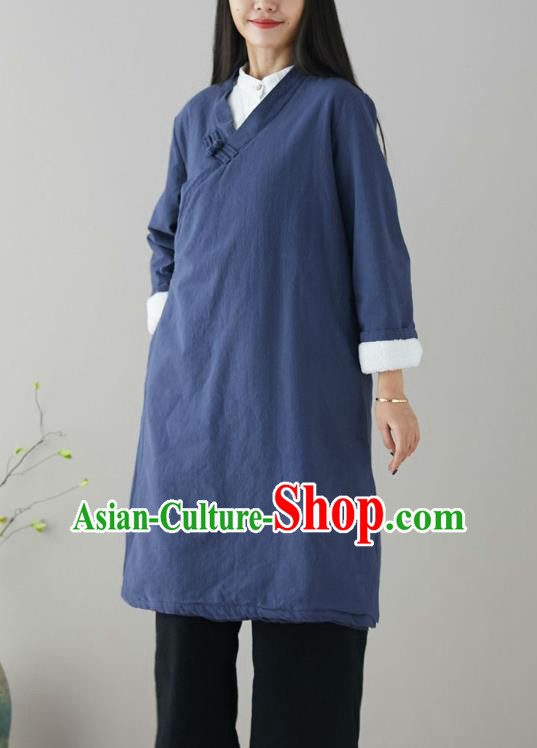 Traditional Chinese Tang Suit Navy Qipao Dress Blogger Li Ziqi Flax Overcoat Costume for Women