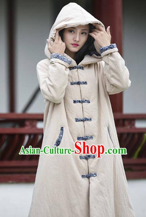 Traditional Chinese Tang Suit Beige Cotton Padded Coat Blogger Li Ziqi Hooded Overcoat Costume for Women