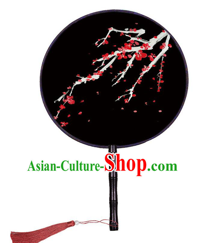 Chinese Traditional Black Palace Fans Hand Painting Plum Round Fan for Women