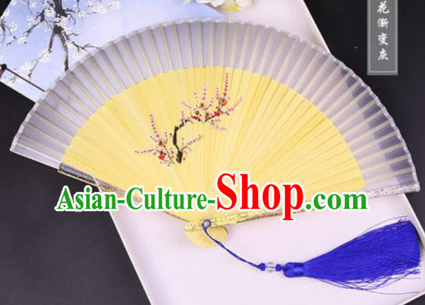 Chinese Traditional Painting Plum Grey Folding Fans Hand Bamboo Accordion Fan