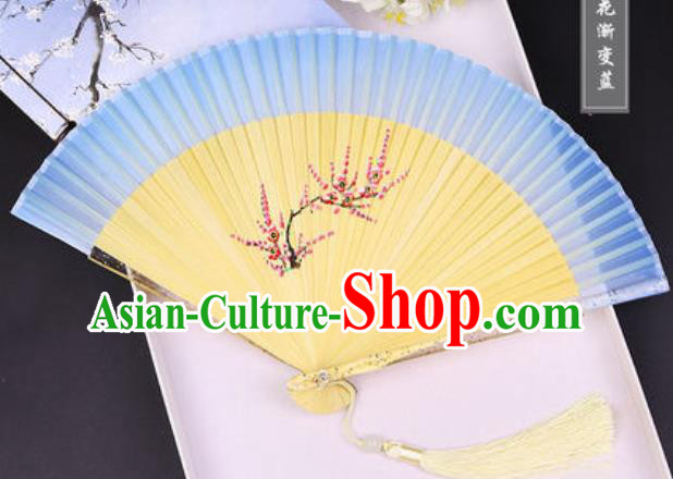 Chinese Traditional Painting Plum Light Blue Folding Fans Hand Bamboo Accordion Fan