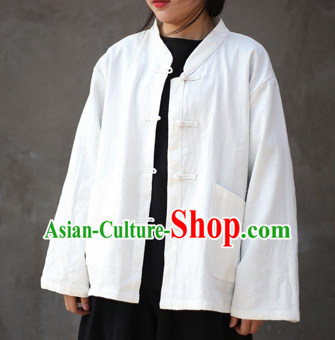 Traditional Chinese Tang Suit White Flax Jacket Li Ziqi Shirt Overcoat Costume for Women