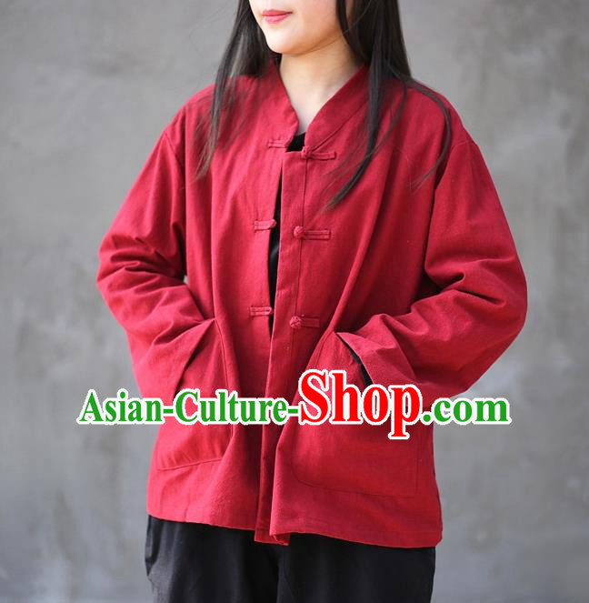 Traditional Chinese Tang Suit Red Flax Jacket Blogger Li Ziqi Shirt Overcoat Costume for Women