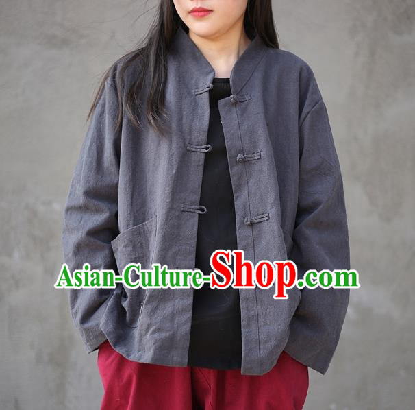 Traditional Chinese Tang Suit Grey Flax Jacket Blogger Li Ziqi Shirt Overcoat Costume for Women