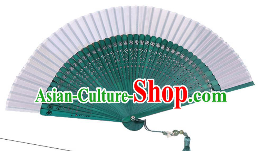 Chinese Traditional Silk Folding Fans Handmade Green Bamboo Accordion Fan