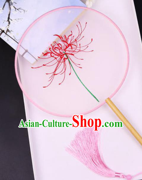 Chinese Traditional Embroidered Manjusaka Pink Palace Fans Handmade Silk Round Fan for Women