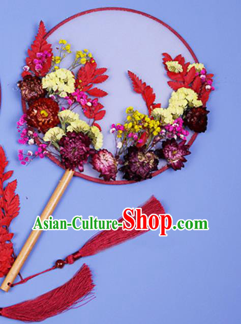 Chinese Traditional Red Flowers Palace Fans Handmade Round Fan for Women