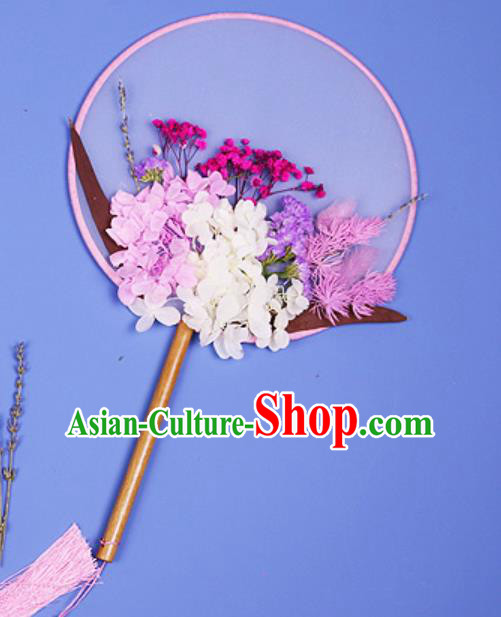 Chinese Traditional Pink Flowers Palace Fans Handmade Round Fan for Women