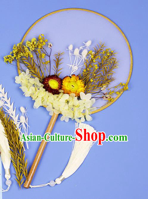 Chinese Traditional Yellow Flowers Palace Fans Handmade Round Fan for Women