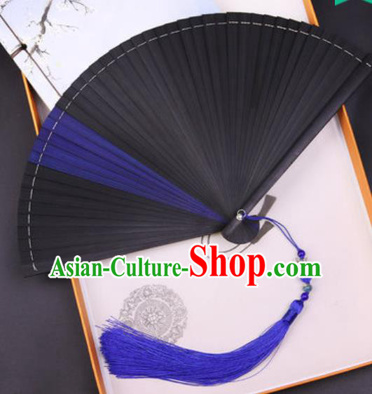 Chinese Traditional Classical Dance Black and Blue Folding Fans Handmade Bamboo Accordion Fan