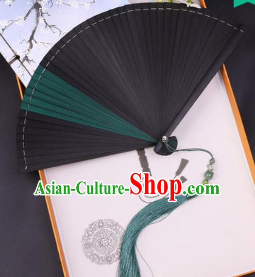 Chinese Traditional Classical Dance Black and Green Folding Fans Handmade Bamboo Accordion Fan