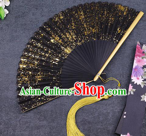 Chinese Traditional Classical Dance Black Silk with Gold Folding Fans Handmade Accordion Bamboo Fan