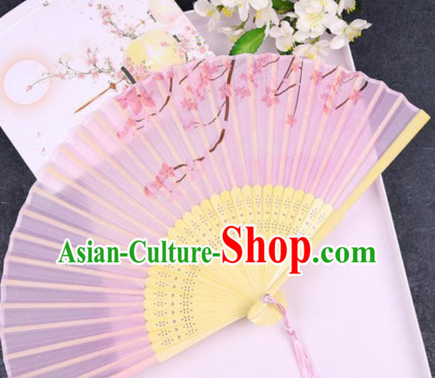 Chinese Traditional Classical Dance Printing Pink Silk Folding Fans Handmade Accordion Bamboo Fan