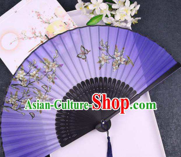 Chinese Traditional Classical Dance Printing Flowers Purple Silk Folding Fans Handmade Accordion Bamboo Fan