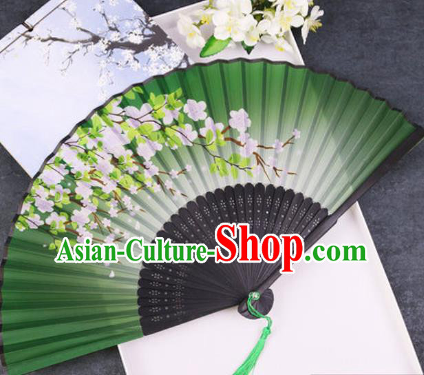 Chinese Traditional Classical Dance Printing Peach Blossom Green Silk Folding Fans Handmade Accordion Bamboo Fan