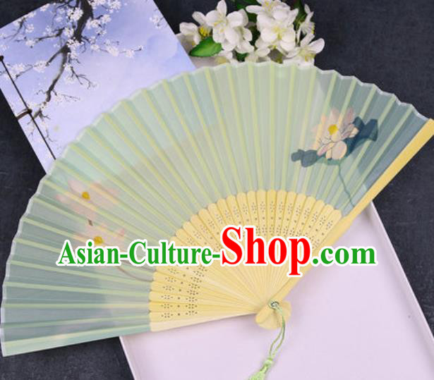 Chinese Traditional Classical Dance Printing Lotus Green Silk Folding Fans Handmade Accordion Bamboo Fan