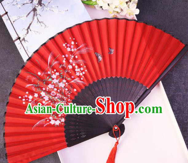 Chinese Traditional Classical Dance Printing Flowers Butterfly Red Silk Folding Fans Handmade Accordion Bamboo Fan