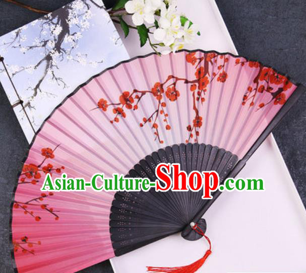 Chinese Traditional Classical Dance Printing Plum Pink Silk Folding Fans Handmade Accordion Bamboo Fan