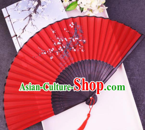 Chinese Traditional Classical Dance Printing Plum Red Silk Folding Fans Handmade Accordion Bamboo Fan