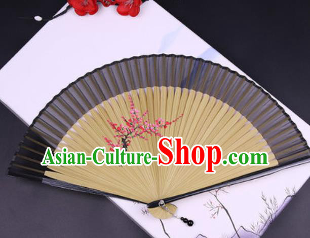 Chinese Traditional Painting Plum Black Silk Folding Fans Handmade Accordion Classical Dance Bamboo Fan