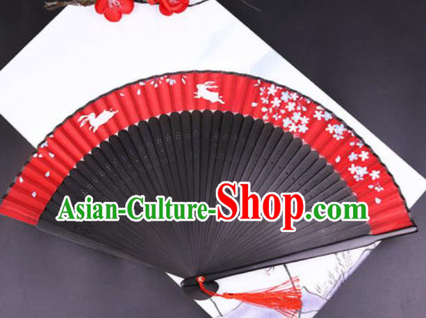 Chinese Traditional Painting Rabbit Red Silk Folding Fans Handmade Accordion Classical Dance Bamboo Fan