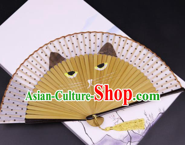 Chinese Traditional Painting Cat Silk Folding Fans Handmade Accordion Classical Dance Bamboo Fan