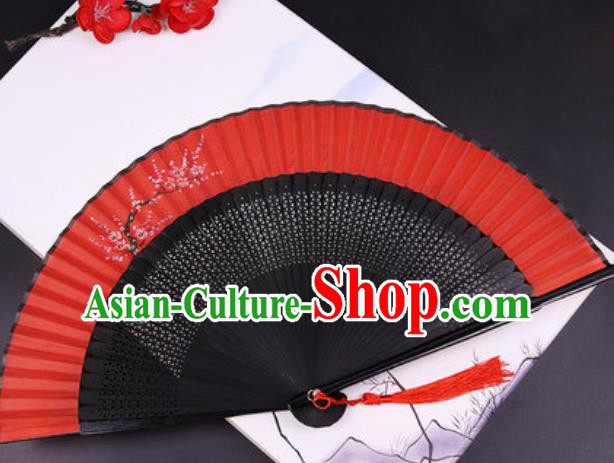 Chinese Traditional Painting Red Plum Blossom Red Silk Folding Fans Handmade Accordion Classical Dance Bamboo Fan