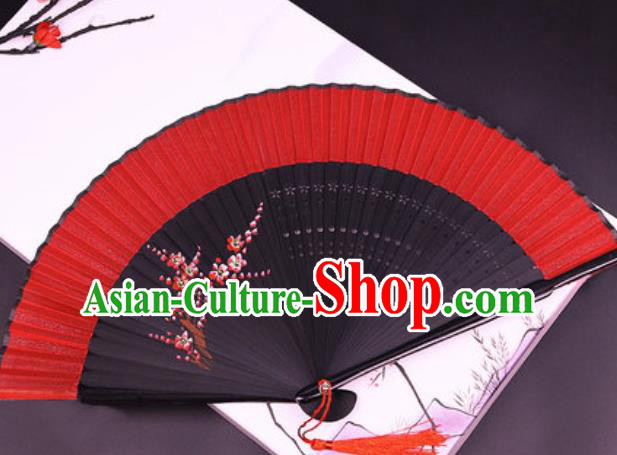 Chinese Traditional Painting Plum Blossom Red Silk Folding Fans Handmade Accordion Classical Dance Bamboo Fan