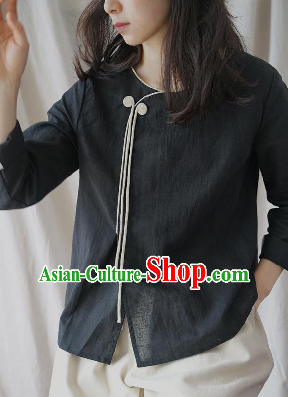 Traditional Chinese Tang Suit Black Shirt Blogger Li Ziqi Flax Blouse Costume for Women