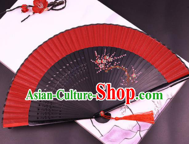 Chinese Traditional Painting Plum Red Silk Folding Fans Handmade Accordion Classical Dance Bamboo Fan