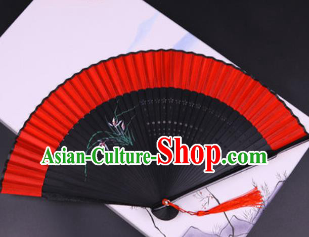 Chinese Traditional Painting Orchid Red Silk Folding Fans Handmade Accordion Classical Dance Bamboo Fan