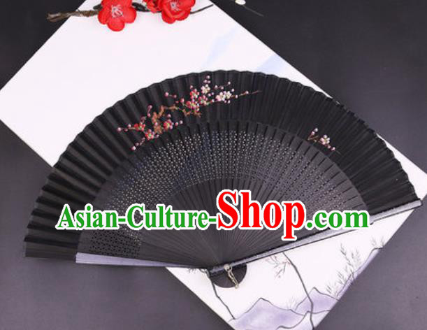 Chinese Traditional Painting Plum Black Silk Folding Fans Handmade Accordion Classical Dance Bamboo Fan