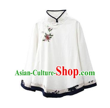 Traditional Chinese Tang Suit White Flax Shirt Blogger Li Ziqi Stand Collar Blouse Costume for Women