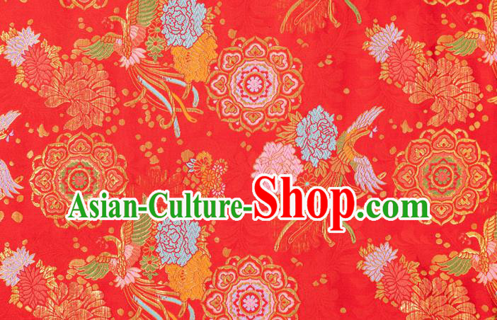 Asian Japanese Traditional Phoenix Peony Pattern Design Red Brocade Fabric Kimono Tapestry Satin