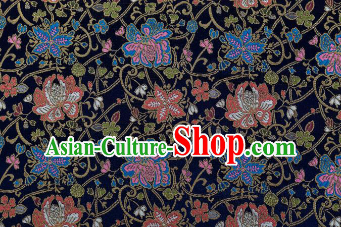 Chinese Classical Twine Lotus Pattern Design Navy Brocade Fabric Asian Traditional Hanfu Satin Material