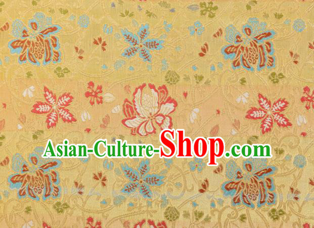 Chinese Classical Twine Lotus Pattern Design Yellow Brocade Fabric Asian Traditional Hanfu Satin Material