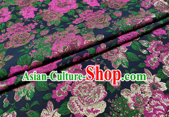 Chinese Classical Roses Pattern Design Navy Brocade Fabric Asian Traditional Hanfu Satin Material