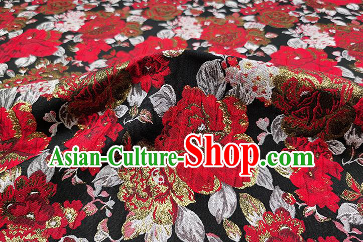 Chinese Classical Roses Pattern Design Black Brocade Fabric Asian Traditional Hanfu Satin Material