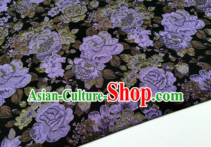 Chinese Classical Purple Roses Pattern Design Green Brocade Fabric Asian Traditional Hanfu Satin Material