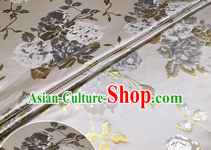 Chinese Classical Roses Pattern Design Grey Brocade Fabric Asian Traditional Hanfu Satin Material