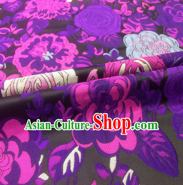 Chinese Classical Hibiscus Pattern Design Black Brocade Fabric Asian Traditional Hanfu Satin Material