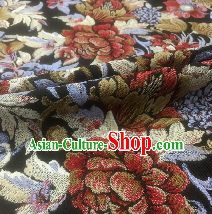 Chinese Classical Peony Flowers Pattern Design Black Brocade Fabric Asian Traditional Hanfu Satin Material