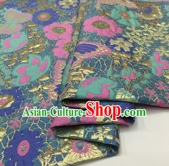 Chinese Classical Butterfly Pattern Design Blue Brocade Fabric Asian Traditional Hanfu Satin Material