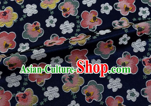 Japanese Traditional Oriental Cherry Pattern Design Navy Brocade Fabric Asian Kimono Tapestry Satin