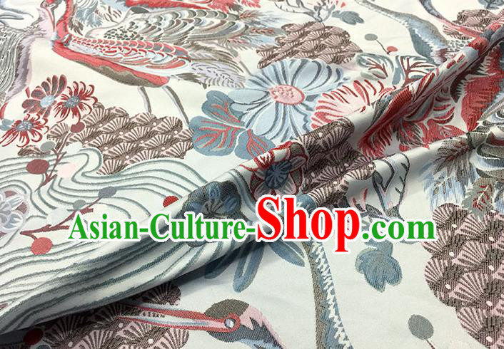 Chinese Classical Crane Pattern Design Light Grey Brocade Fabric Asian Traditional Hanfu Satin Material