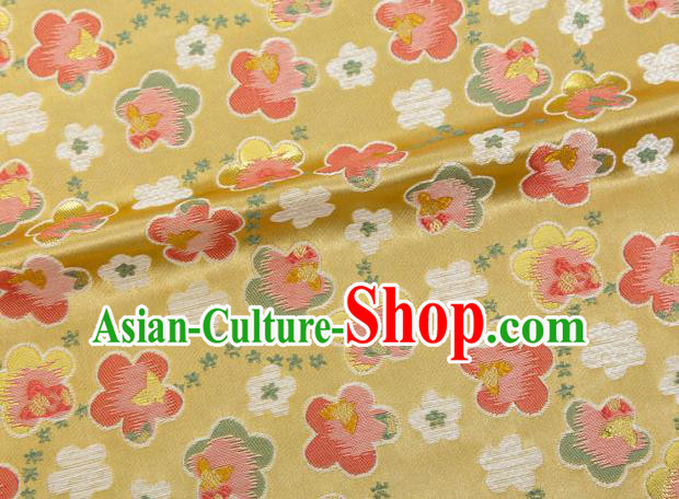 Japanese Traditional Oriental Cherry Pattern Design Yellow Brocade Fabric Asian Kimono Tapestry Satin