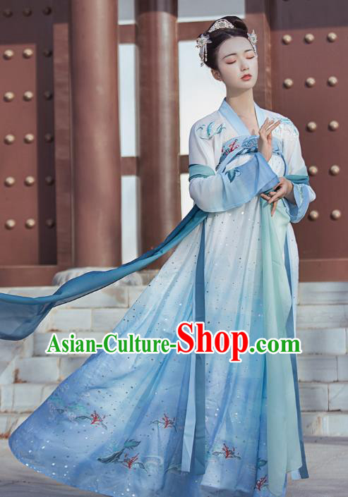 Traditional Chinese Tang Dynasty Palace Princess Historical Costumes Ancient Goddess Blue Hanfu Dress for Women